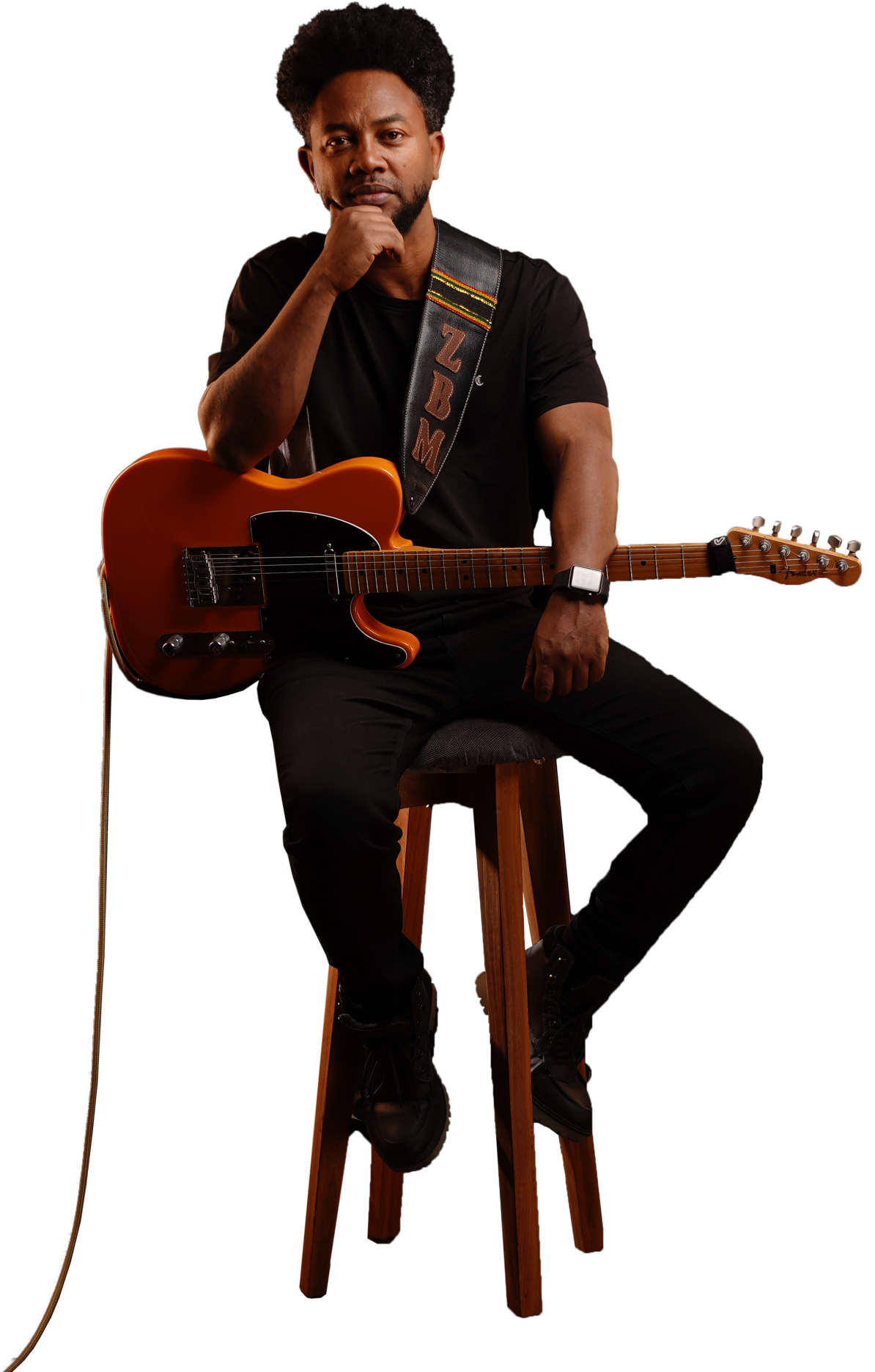 Zeruabbel Molla sitting on a stool holding an electric guitar.