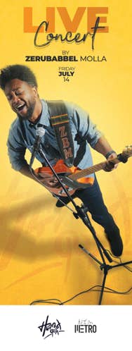 Zeruabbel Molla's poster for his live concert, playing guitar and singing at a live concert with a yellow background.